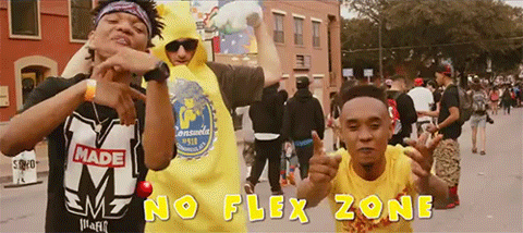 Rae Sremmurd and a man in a banana suit declaring a NO FLEX ZONE